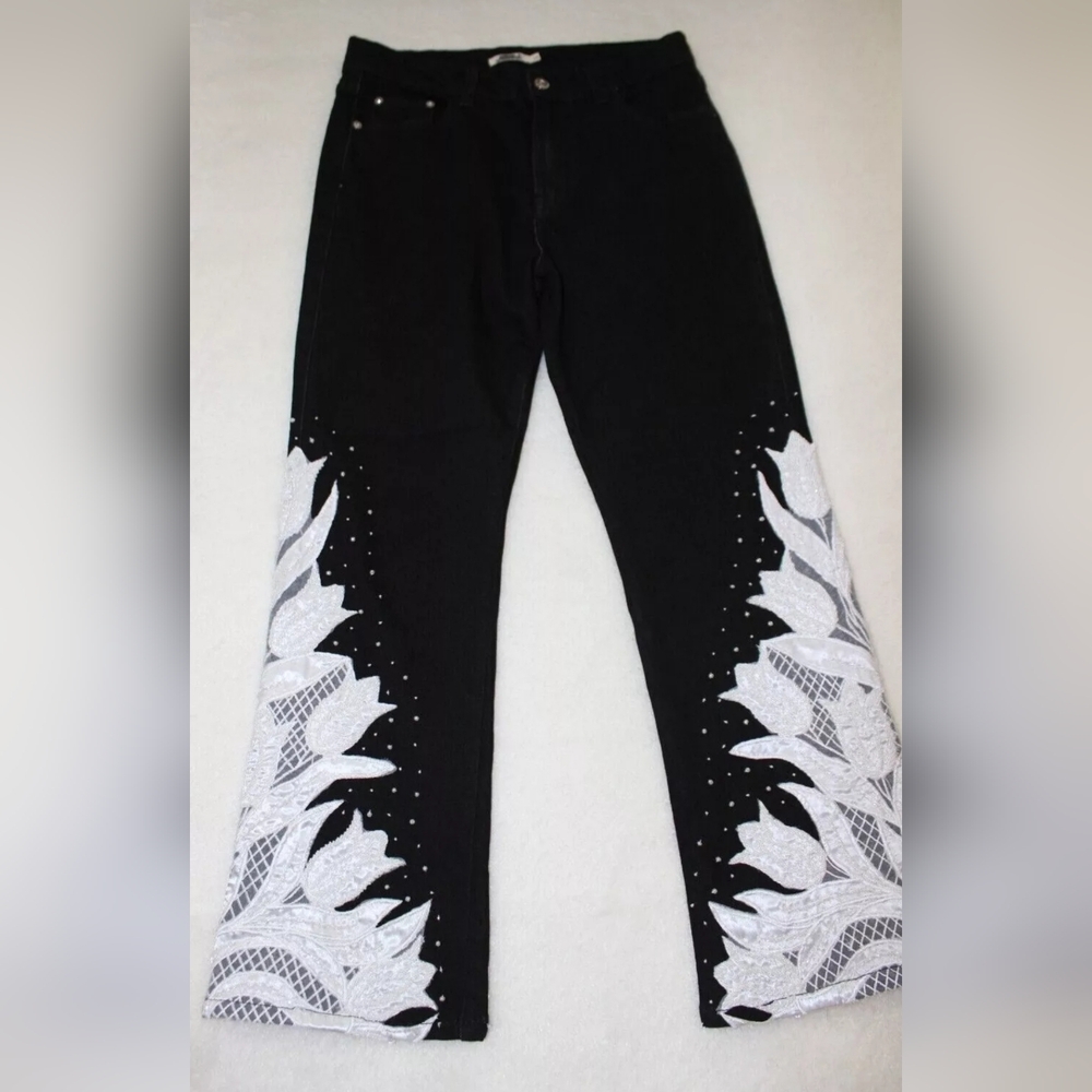 Luxe Moda Black Denim Jeans with White Details - Size 10 NEW NEVER WORN no tags